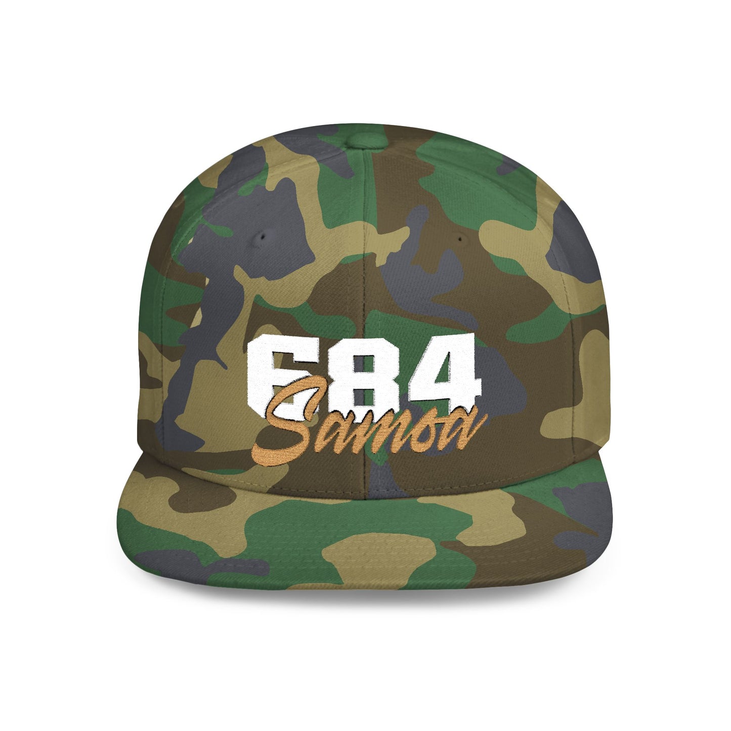 Flat Bill Snapback Hat - 684 Samoa - White & Gold Embroidery - AU/NZ/USA