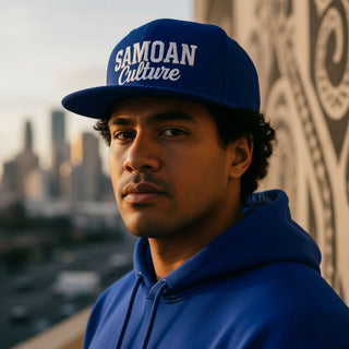 Dark navy flat bill snapback hat by Fulfill Engine with Samoa Culture white and grey embroidery, one size fits all.