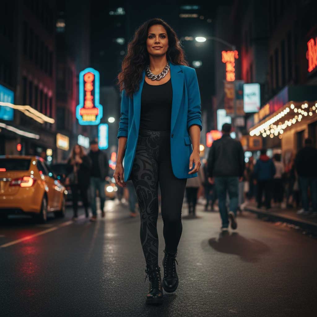 Plus size IslandCurvy Bloom Dark mid-rise leggings by Subliminator, featuring a floral dark design, available in 2XL to 6XL sizes.