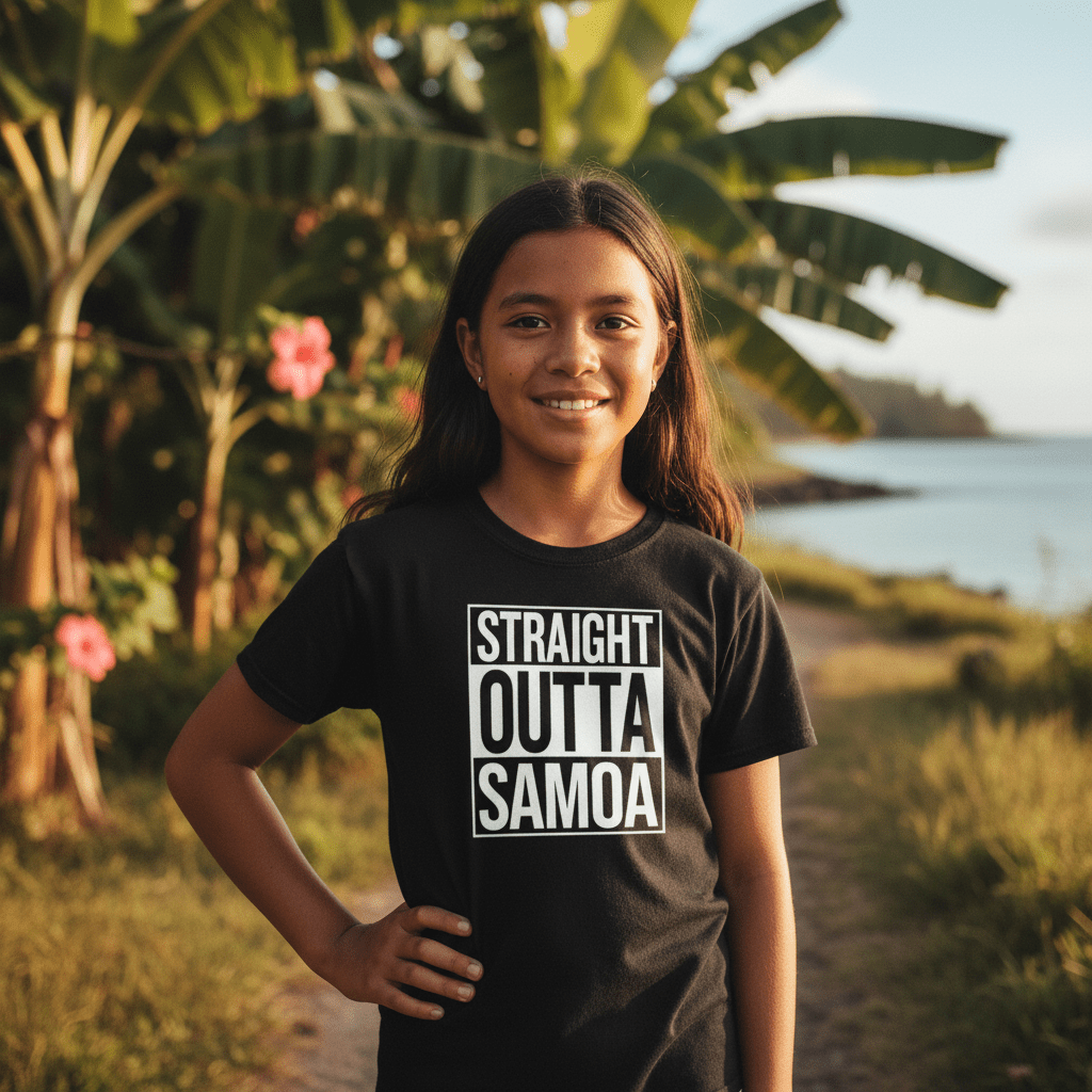 Kids unisex Tee with "Straight Outta Samoa" print, casual kids' clothing featuring tropical island design.