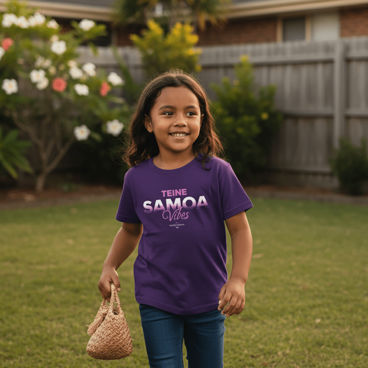 Kids unisex T-shirt featuring Teine Samoa Vibes by The Print Bar, with colorful Samoan-inspired design.