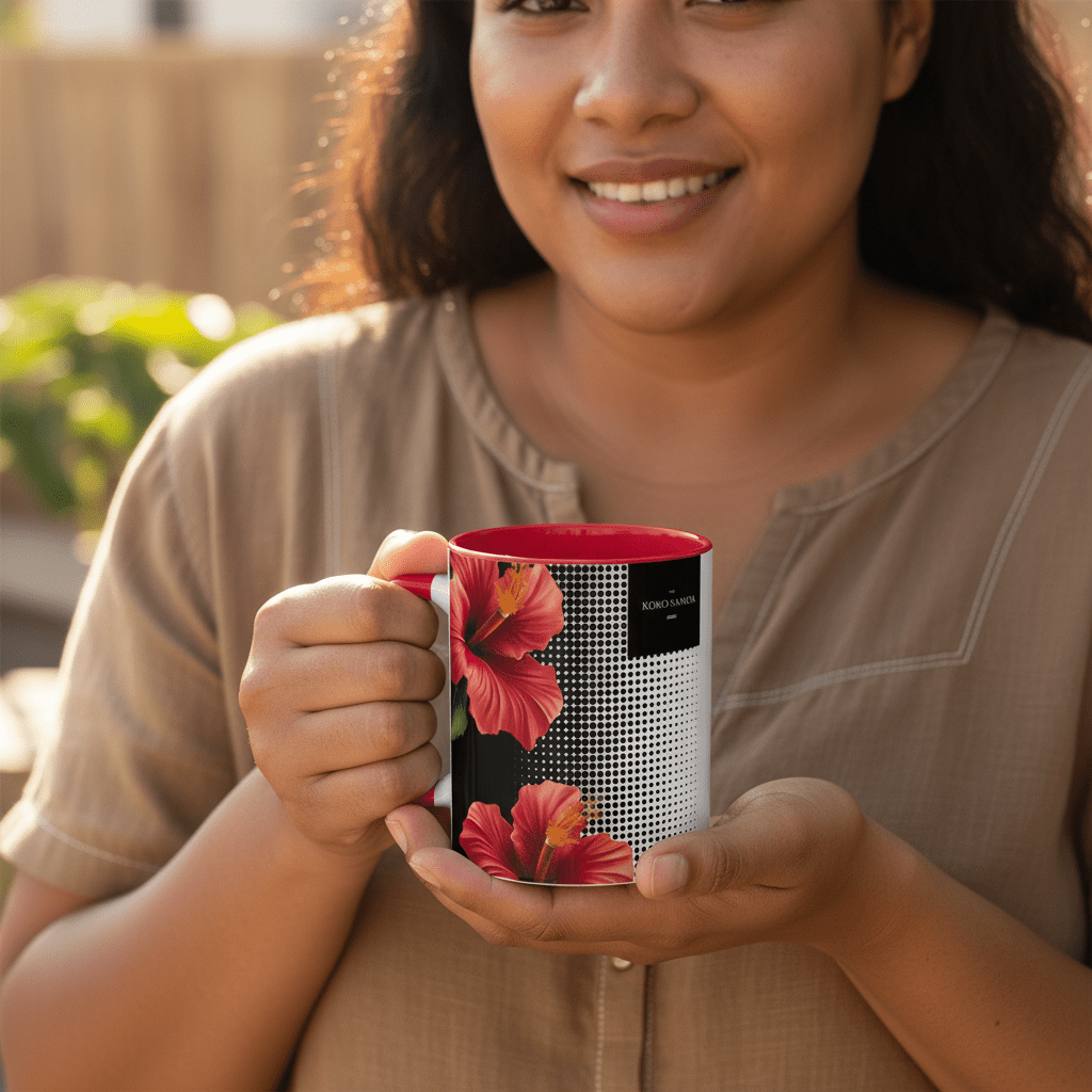 LimaLuxe™ 11oz Aute mug with tropical island design, featuring vibrant colors and detailed artwork.