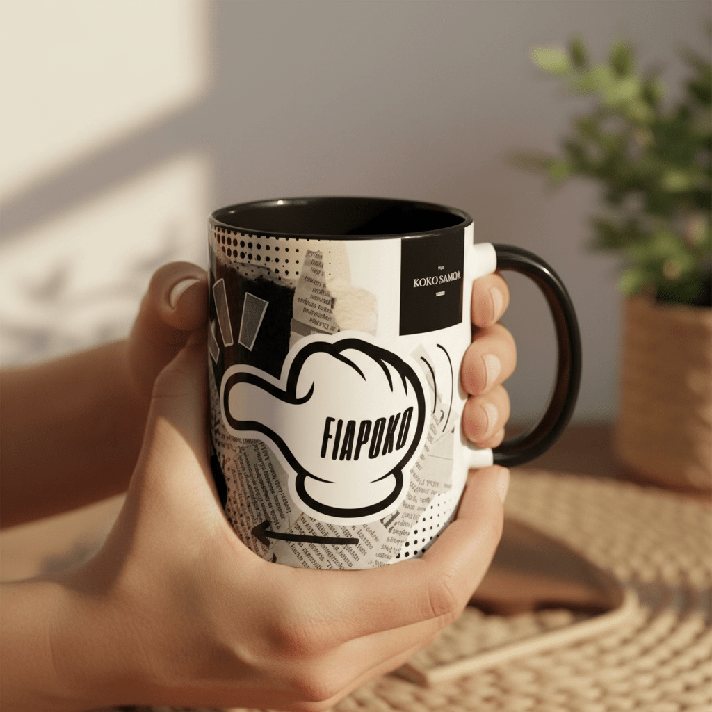 11oz mug featuring "Look At Fiapoko" design with tropical motifs on a ceramic mug.