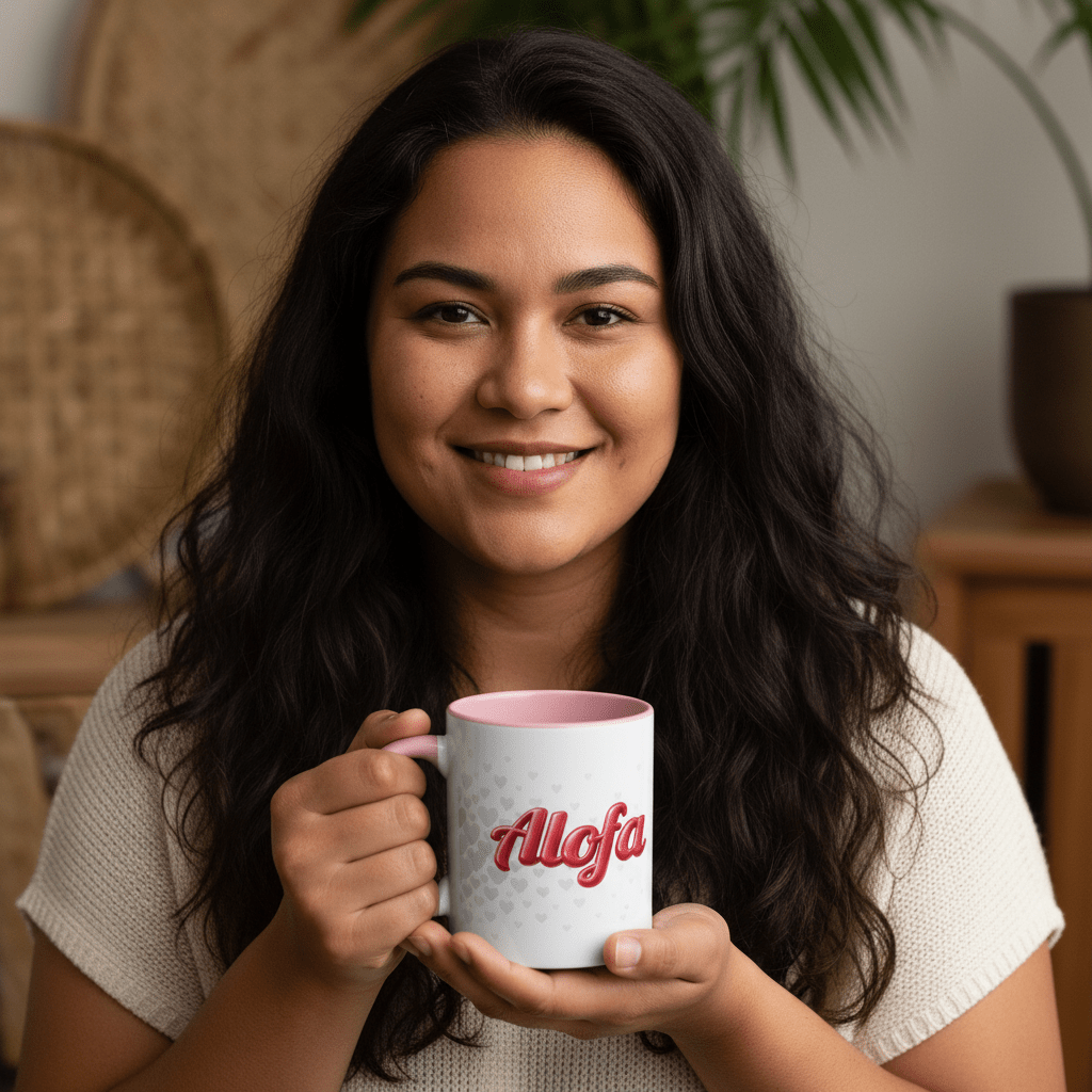 LimaLuxe™ 11oz Mug with Alofa design by Imagine Your Photos, featuring vibrant colors and intricate Samoan Koko artwork.
