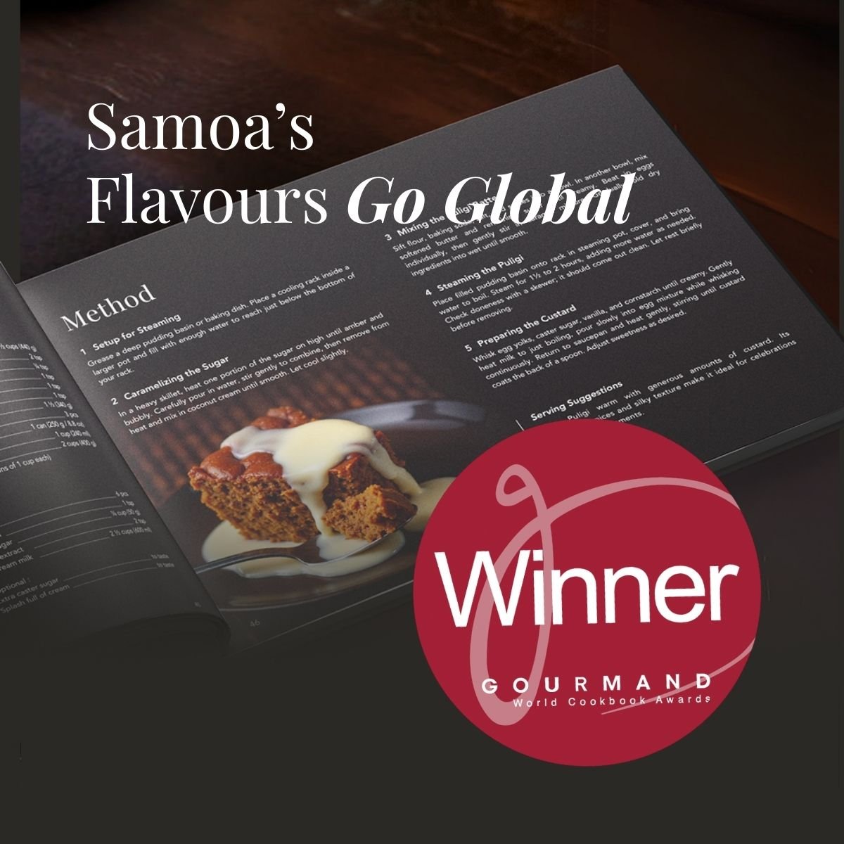 Hardcover A4 book titled "Samoan Delights" featuring 12 traditional Samoan recipes, published by Lulu Direct.