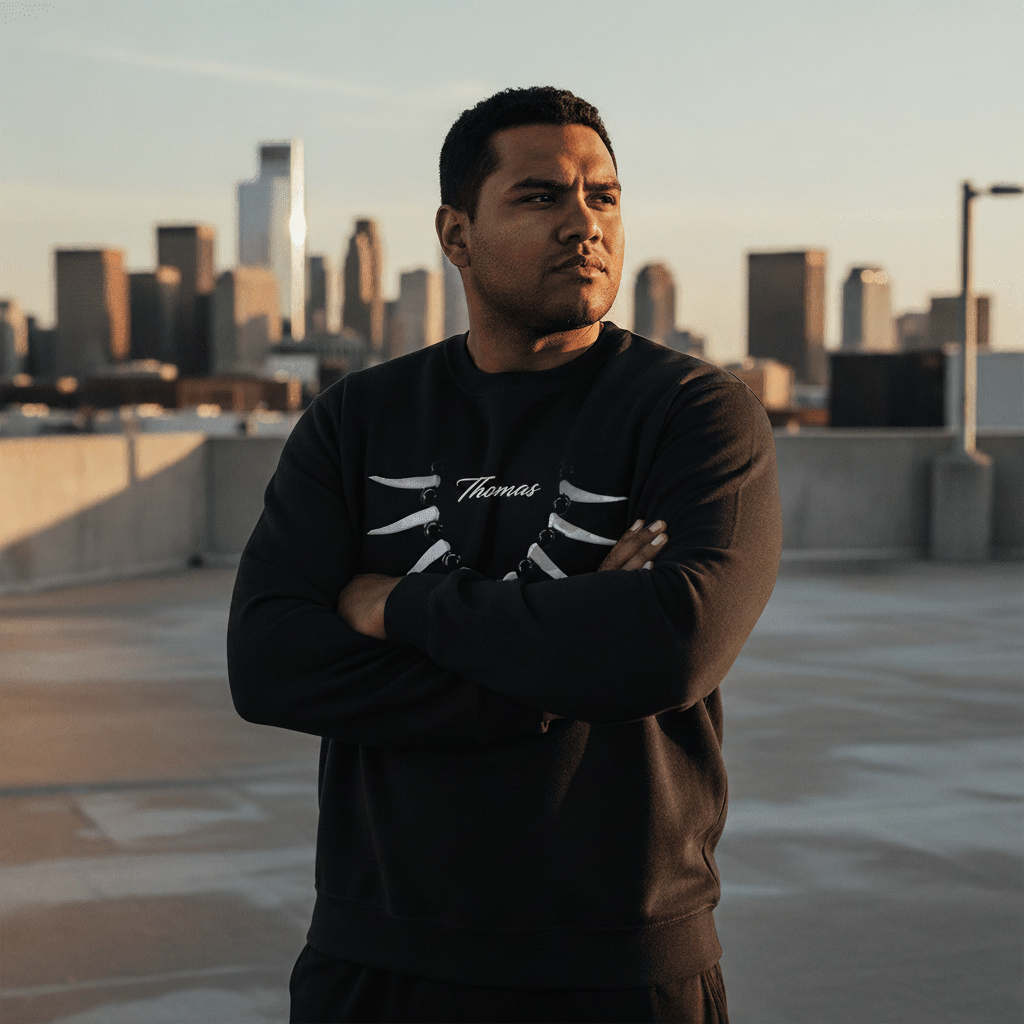 Black unisex heavy sweatshirt featuring personalized monster digital design, ideal for casual wear.