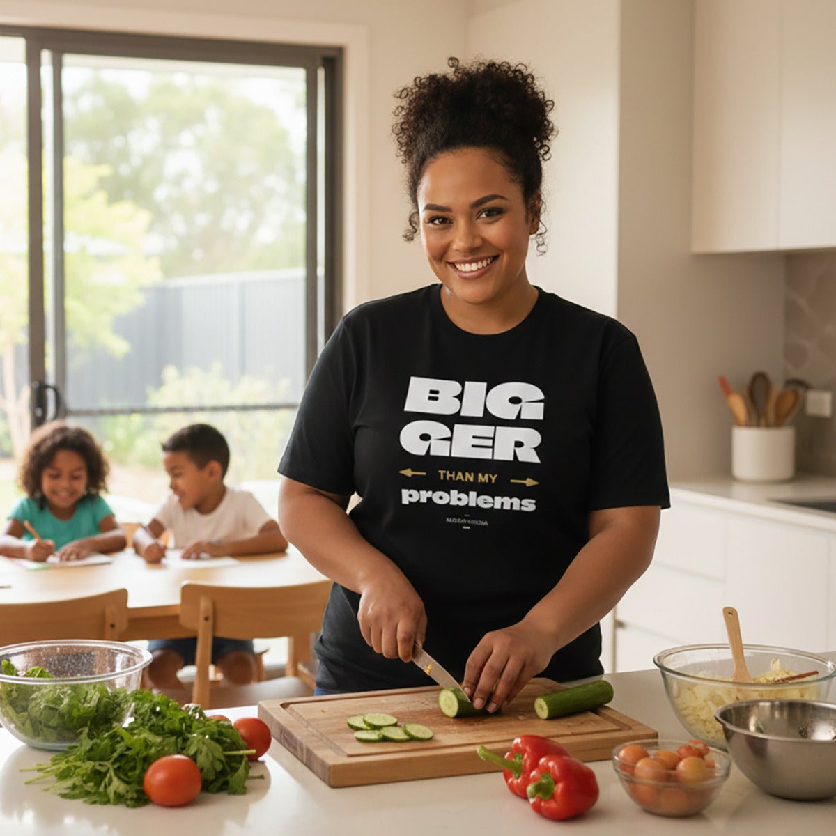 Soft unisex tee from The Print Bar reading "Bigger Than Problems," personalized design, casual fit, on a neutral background.