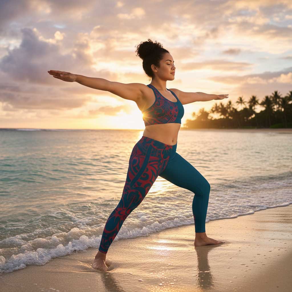 IslandFlex mid-rise leggings in Bloom Peacock, plus size 2XL to 6XL, showing the vibrant floral pattern and comfortable fit.