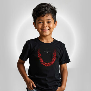Black kids unisex T-shirt from The Print Bar featuring Ula Fala design, suitable for children in AU/NZ.