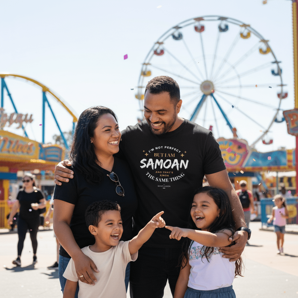Dark chocolate unisex soft tee from The Print Bar featuring personalized "Not Perfect But Samoan" design, casual and comfortable.