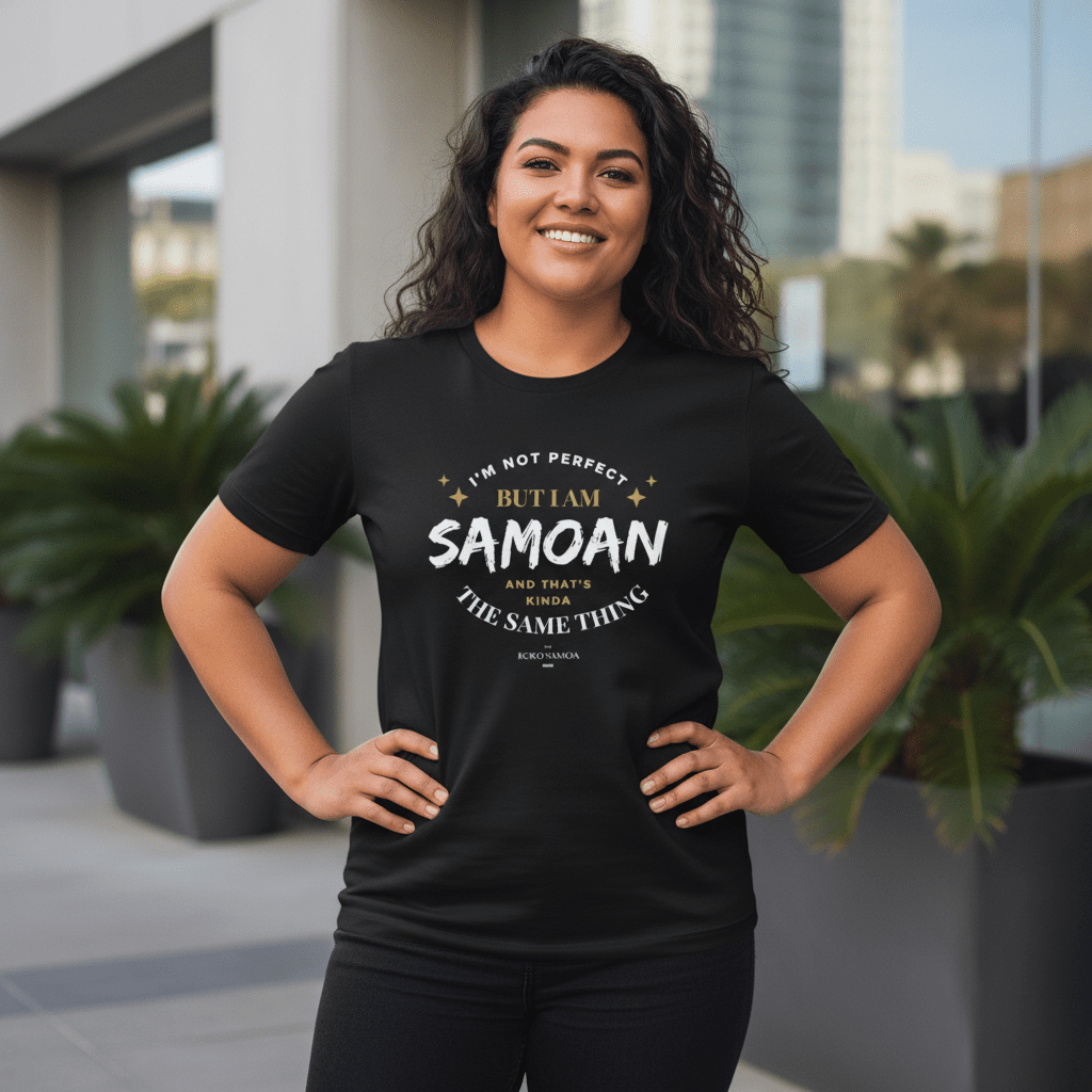 Dark chocolate unisex soft tee by The Print Bar with personalized "Not Perfect But Samoan" design, suitable for AU/NZ.