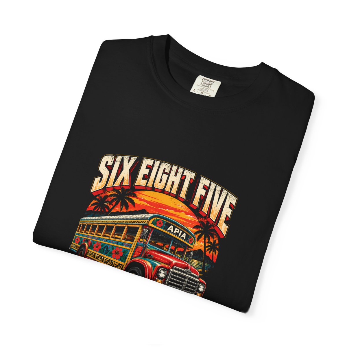 The black 685 Apia Samoa unisex tee folded with the print facing up
