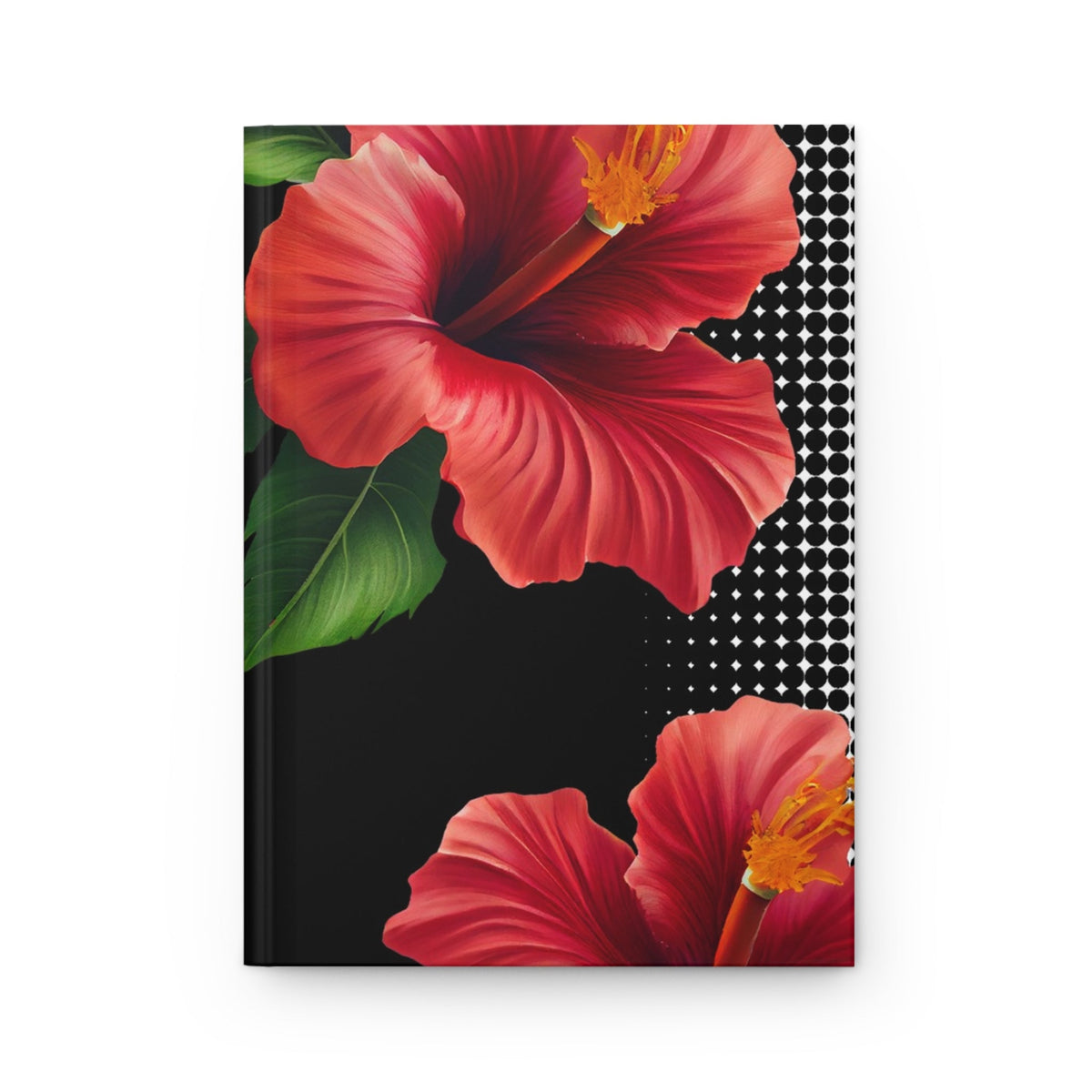 Hardcover journal in the Aute print, red hibiscus flowers on black