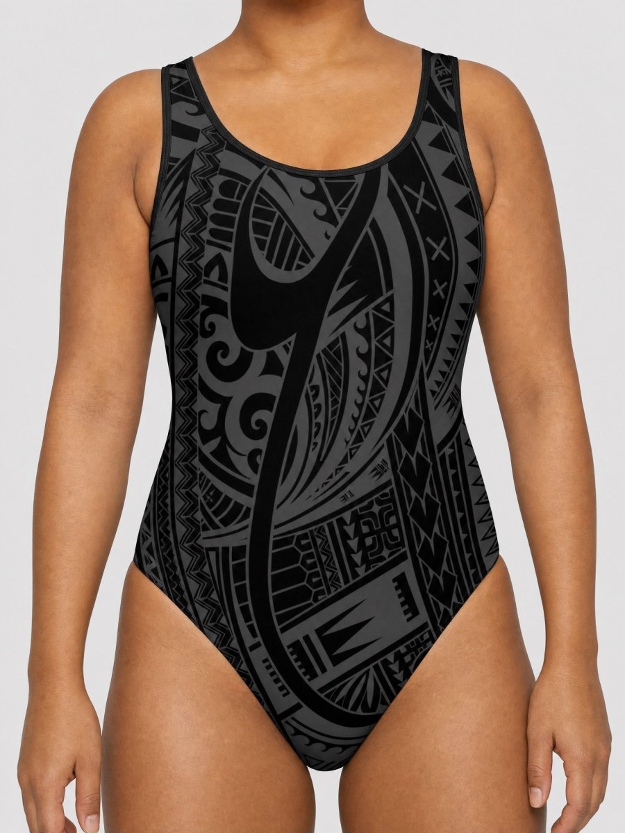 Women's one piece swimsuit in the dark Warrior linework print