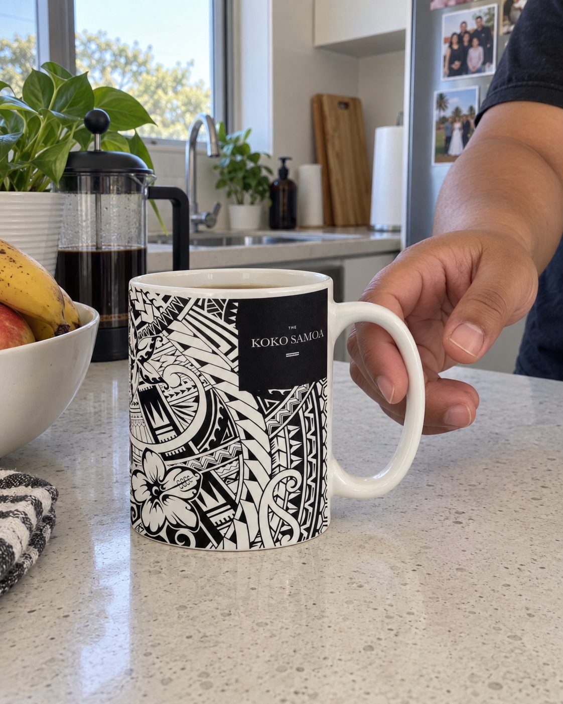 Mug 325ml in the Bloom print, on a kitchen bench in the morning.