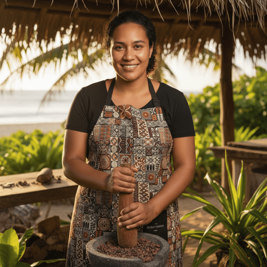 Colorway Elei Print apron featuring vibrant traditional Samoan patterns, ideal for cooking or gardening.