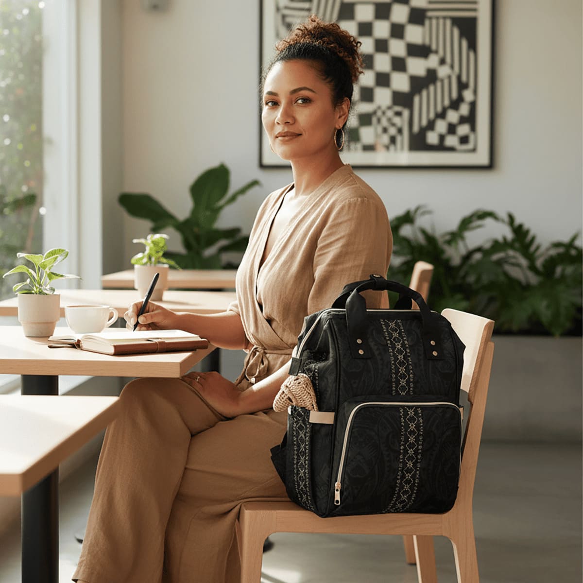 Artsadd Multipurpose Diaper Bag Malu, lightweight black diaper bag with multiple compartments and adjustable straps.