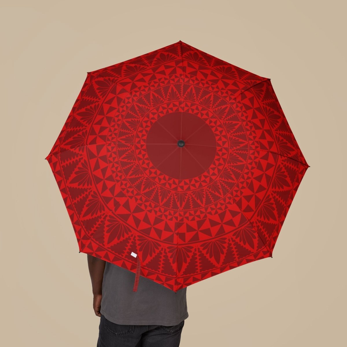 Red Tongan PasifikaOne umbrella by Artsadd, 48-inch (122cm) size, showcasing vibrant Polynesian-inspired design and sturdy canopy.
