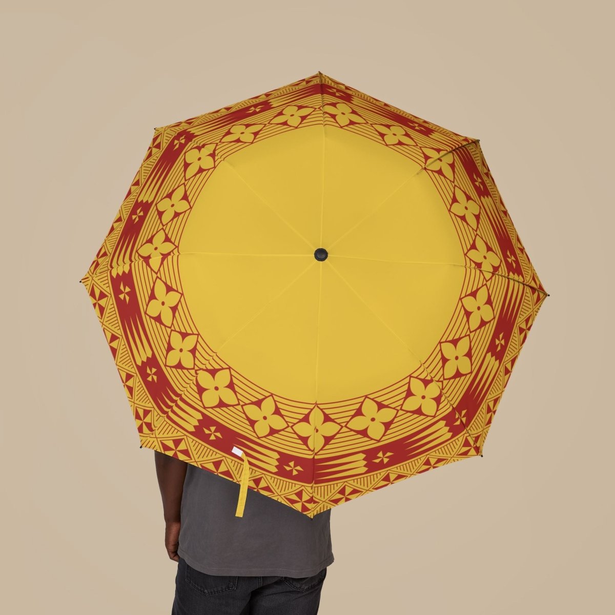 Artsadd PasifikaOne yellow umbrella, 48-inch Tongan design, large rain umbrella with vibrant Tongan patterns for AU/NZ.