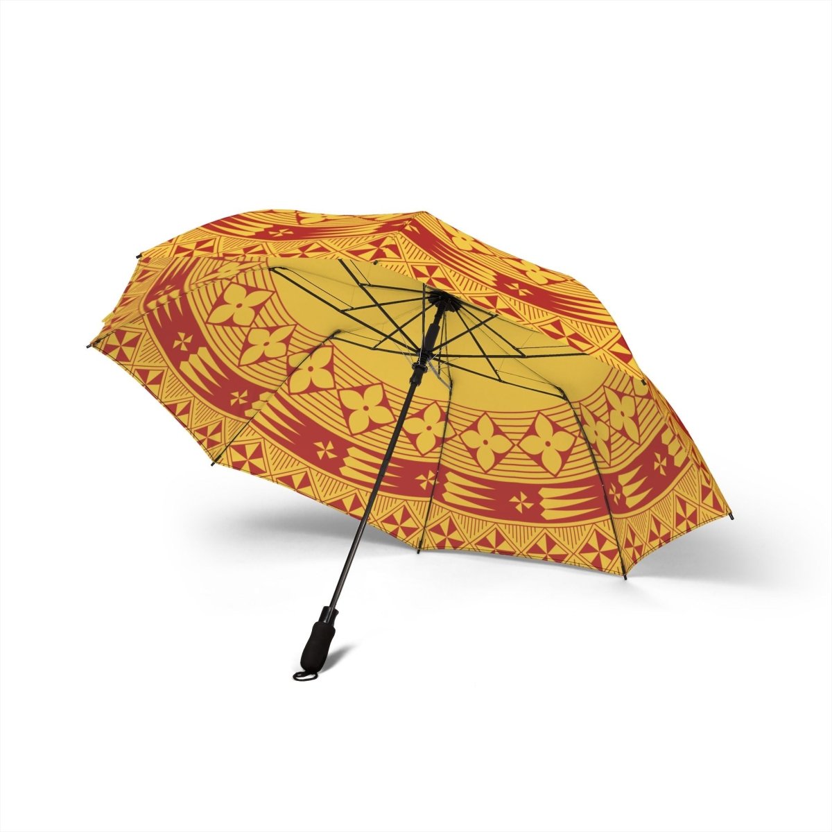 PasifikaOne umbrella in Tongan yellow, 48-inch (122cm) size, with vibrant tropical pattern and sturdy handle.