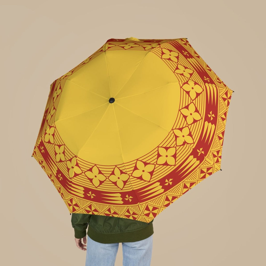 PasifikaOne yellow umbrella, 48-inch/122cm Tongan design, colorful accessories with vibrant pattern for AU/NZ regions