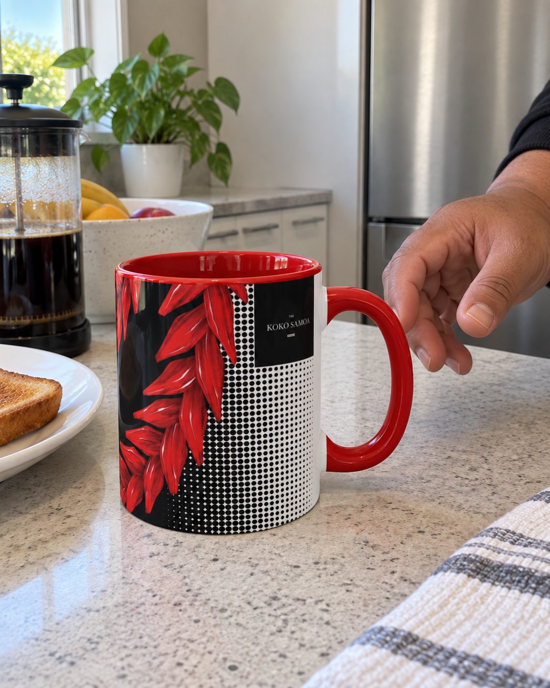 Mug 325ml in the Ula Fala print, on a kitchen bench in the morning.