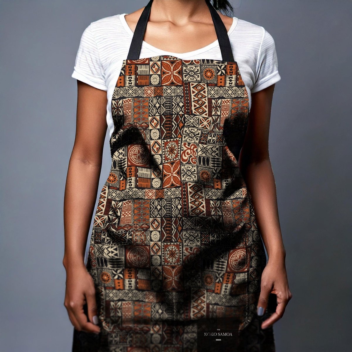 Black Elei print apron by Colorway, one size, suitable for AU, NZ, and USA, shown with adjustable neck and waist ties.