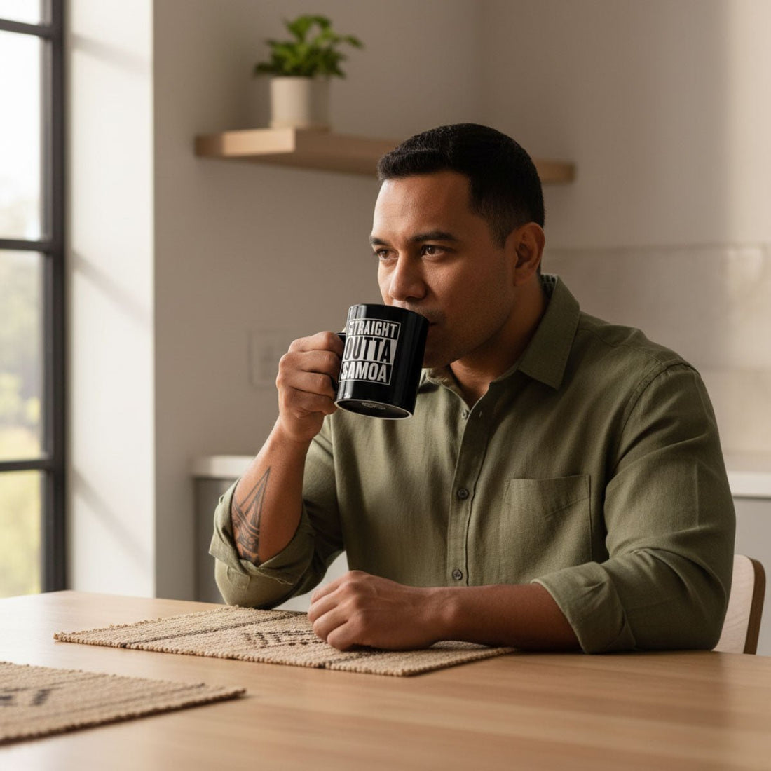LimaLuxe™ 325ml mug featuring "Straight Outta Samoa" design, with a white ceramic mug and tropical-themed print.