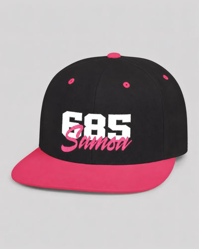 Flat Bill Snapback Hat - 685 Samoa - White & Neon Pink Embroidery