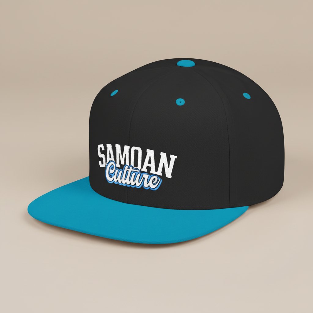 Flat Bill Snapback Hat - Samoan Culture - Blue White Embroidery