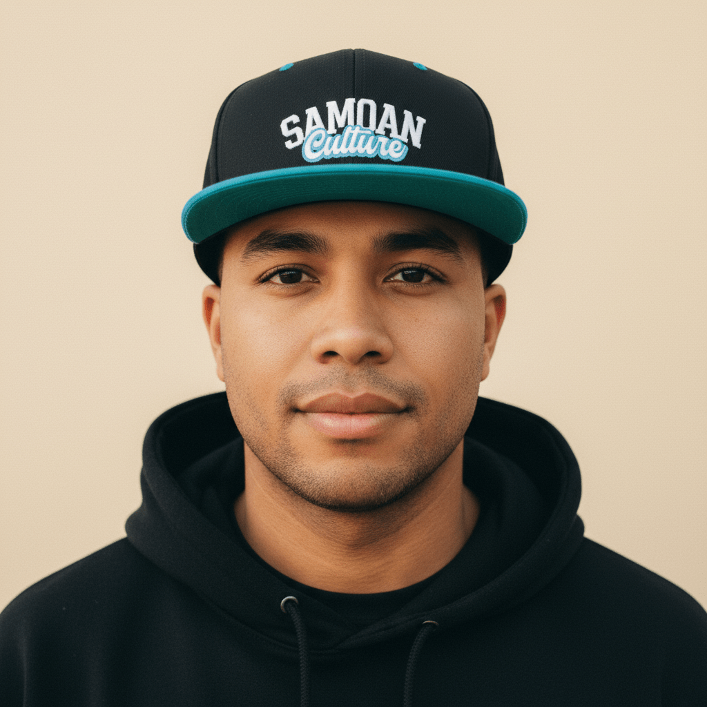 Flat Bill Snapback Hat - Samoan Culture - Blue White Embroidery - AU/NZ/USA - The Koko Samoa