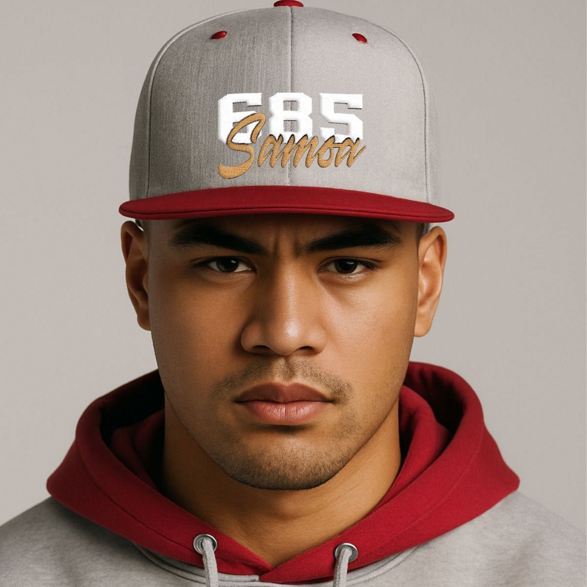 Fulfill Engine flat bill snapback hat in black with white and gold Samoa embroidery, one size fits all, AU/NZ/USA style.