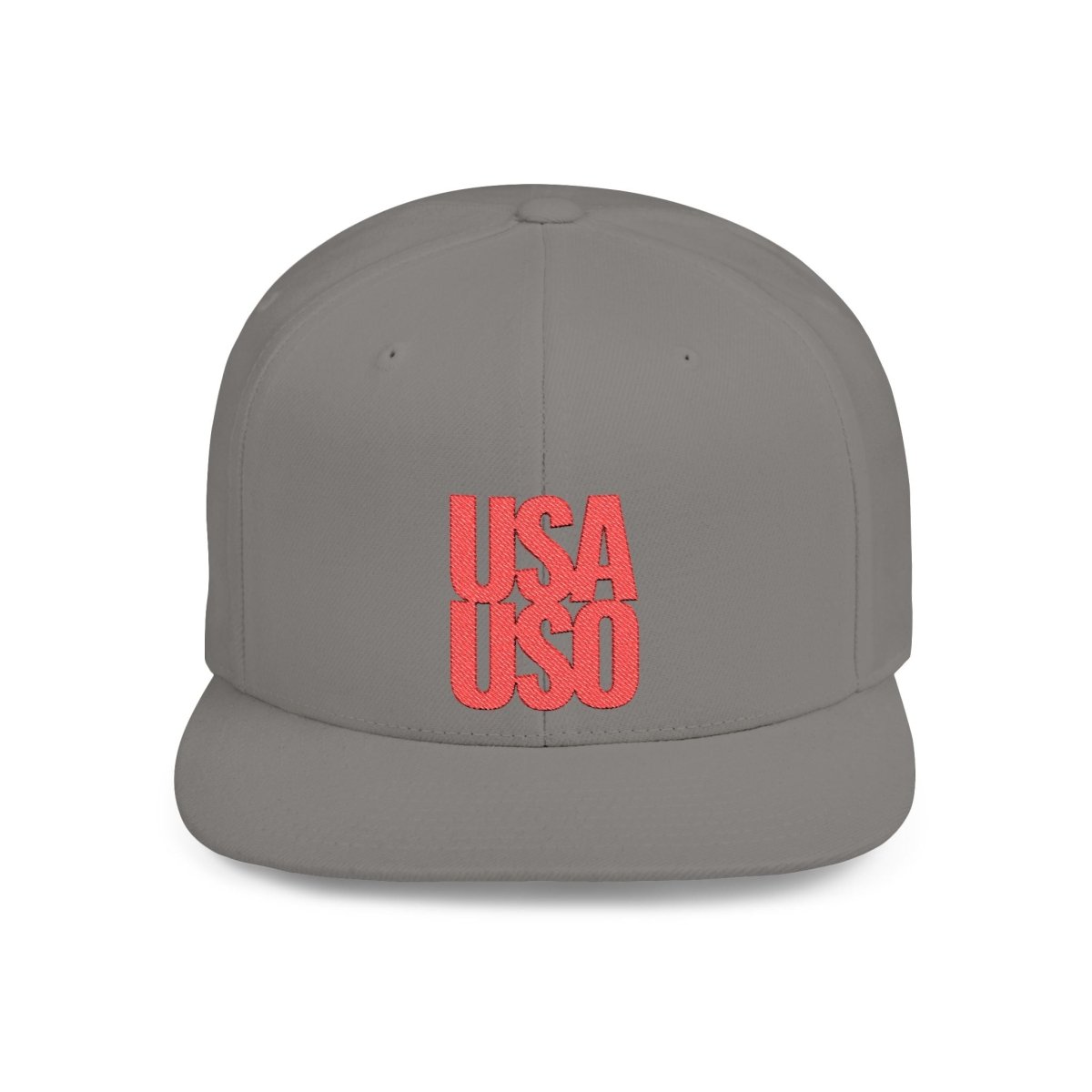 Black flat bill snapback hat by Fulfill Engine with red USO embroidery, featuring a structured design and adjustable snap closure.