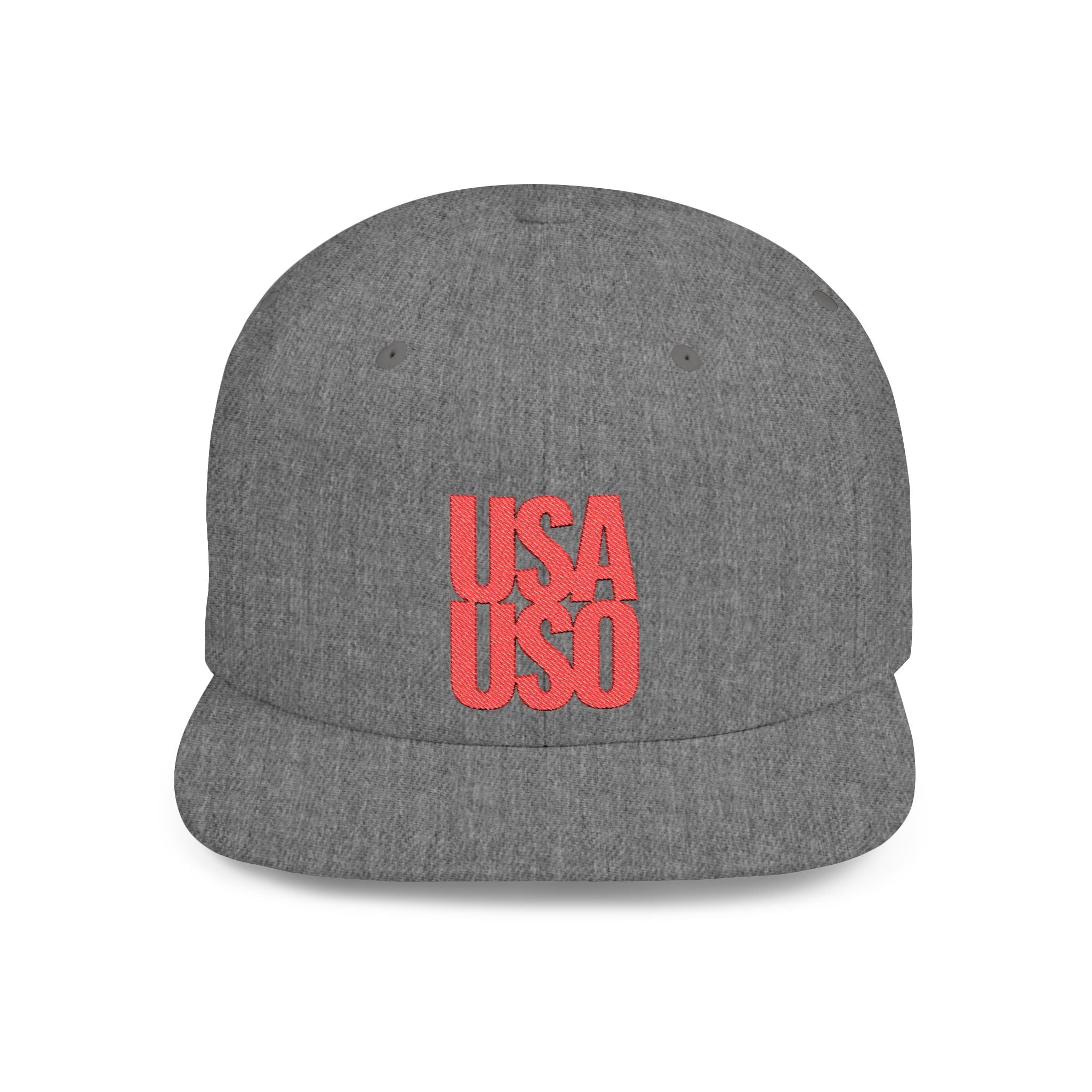 Black flat bill snapback hat by Fulfill Engine with red USA USO embroidery, one size fits most, featuring a stylish design.