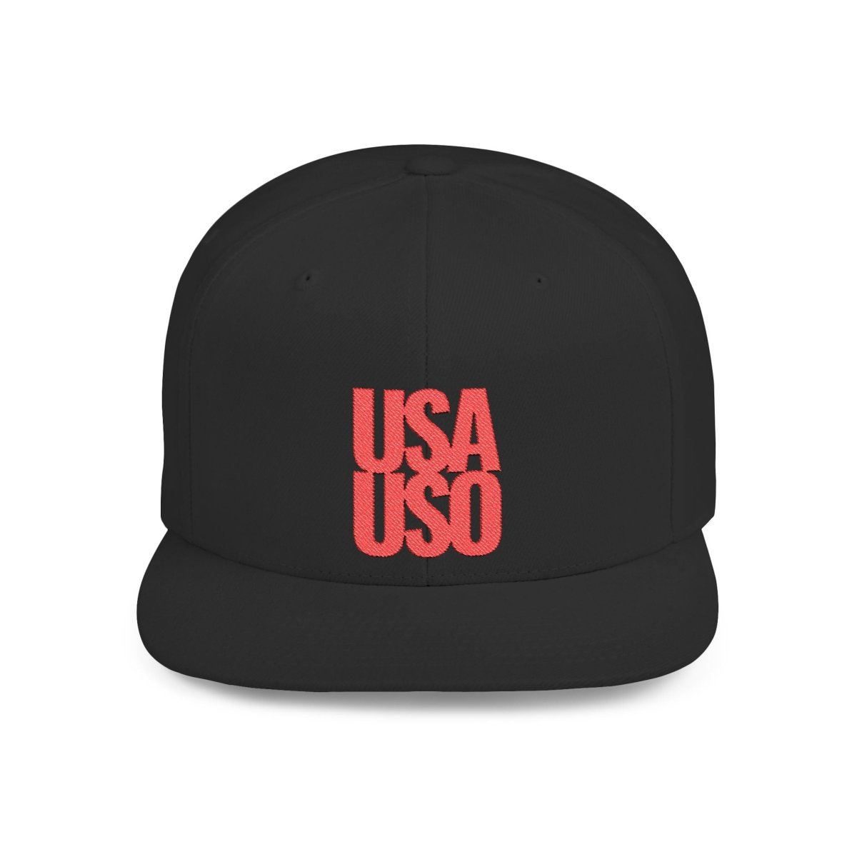 Black flat bill snapback hat by Fulfill Engine with red USA USO embroidery, one size fits most, featuring a classic design.