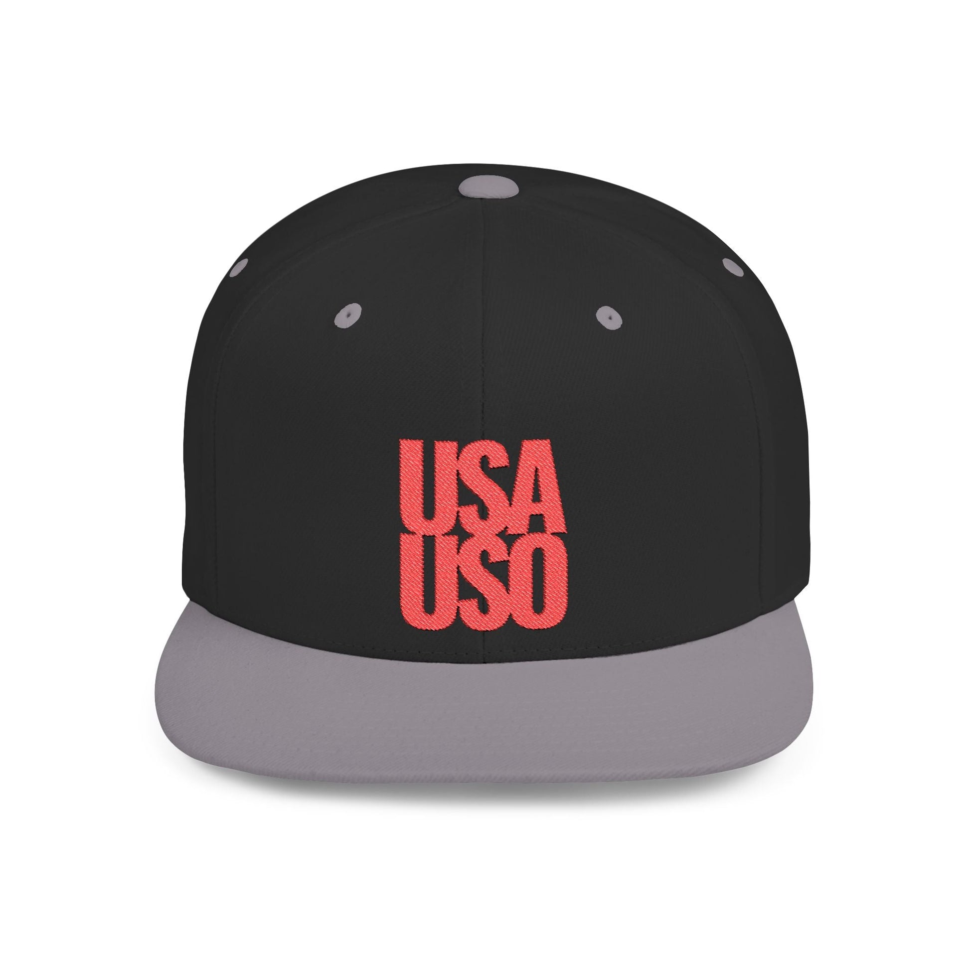 Black flat bill snapback hat by Fulfill Engine with red USA USO embroidery, one size fits all, featuring a stylish, casual design.