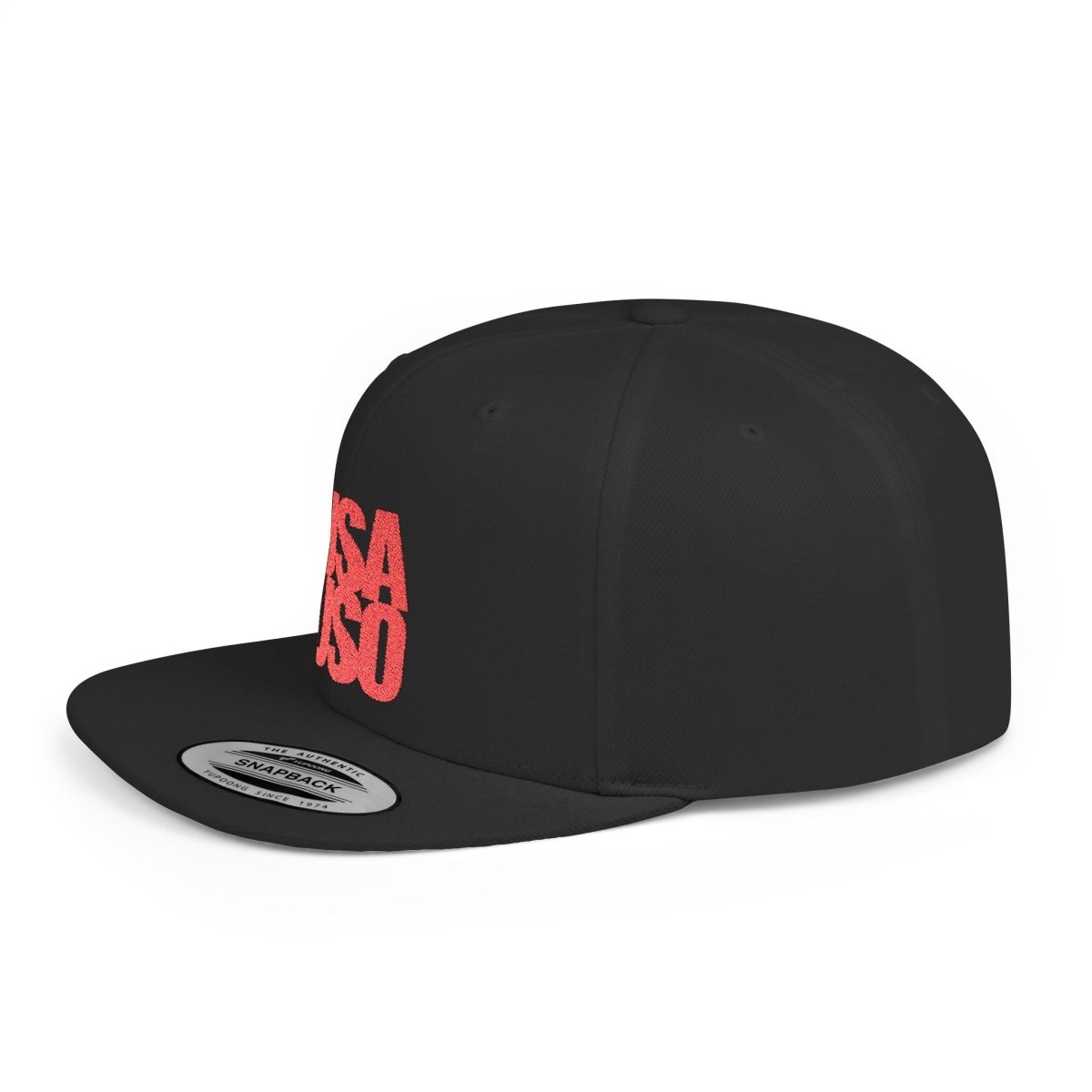 Black flat bill snapback hat with red USA USO embroidery by Fulfill Engine, featuring adjustable strap and USA-themed design.