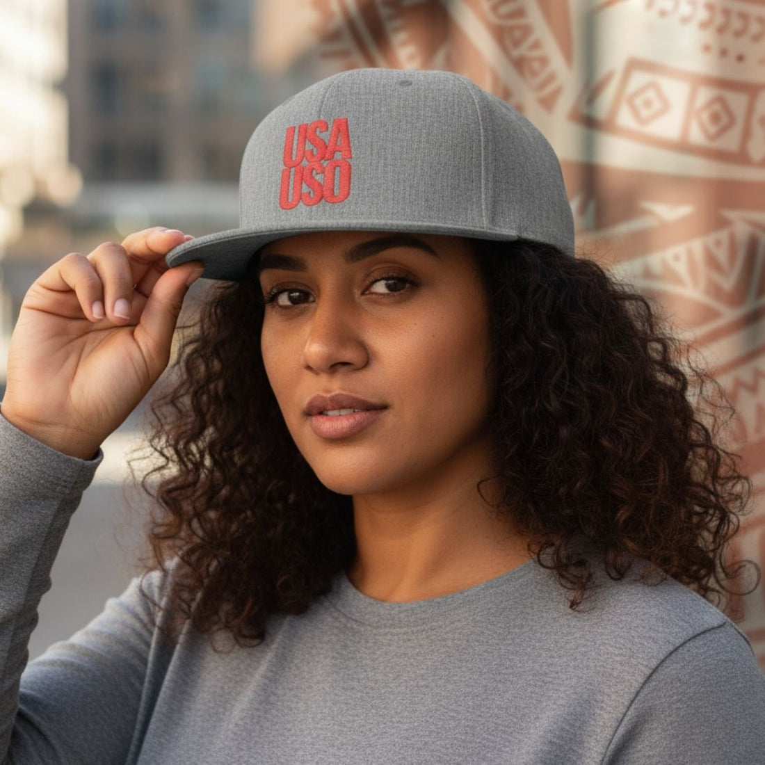 Black flat bill snapback hat by Fulfill Engine with red USA USO embroidery, featuring a structured design and adjustable fit.