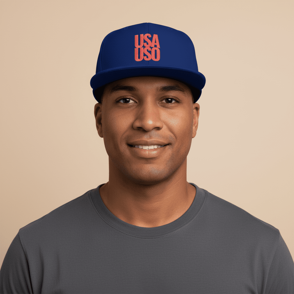 Black flat bill snapback hat by Fulfill Engine with red USA USO embroidery, one size, featuring a modern design.
