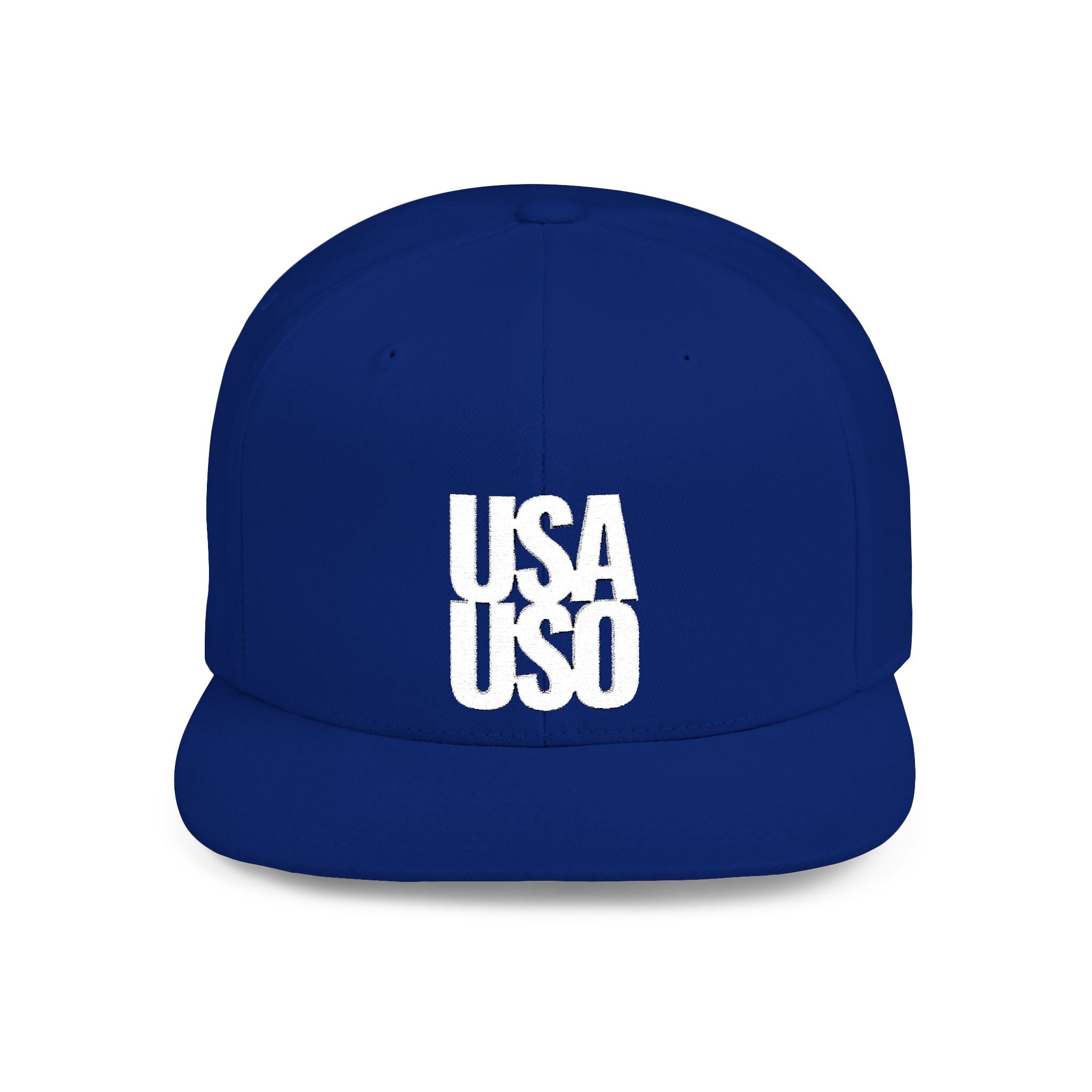 Black flat bill snapback hat by Fulfill Engine with white USA USO embroidery, featuring a classic adjustable design.