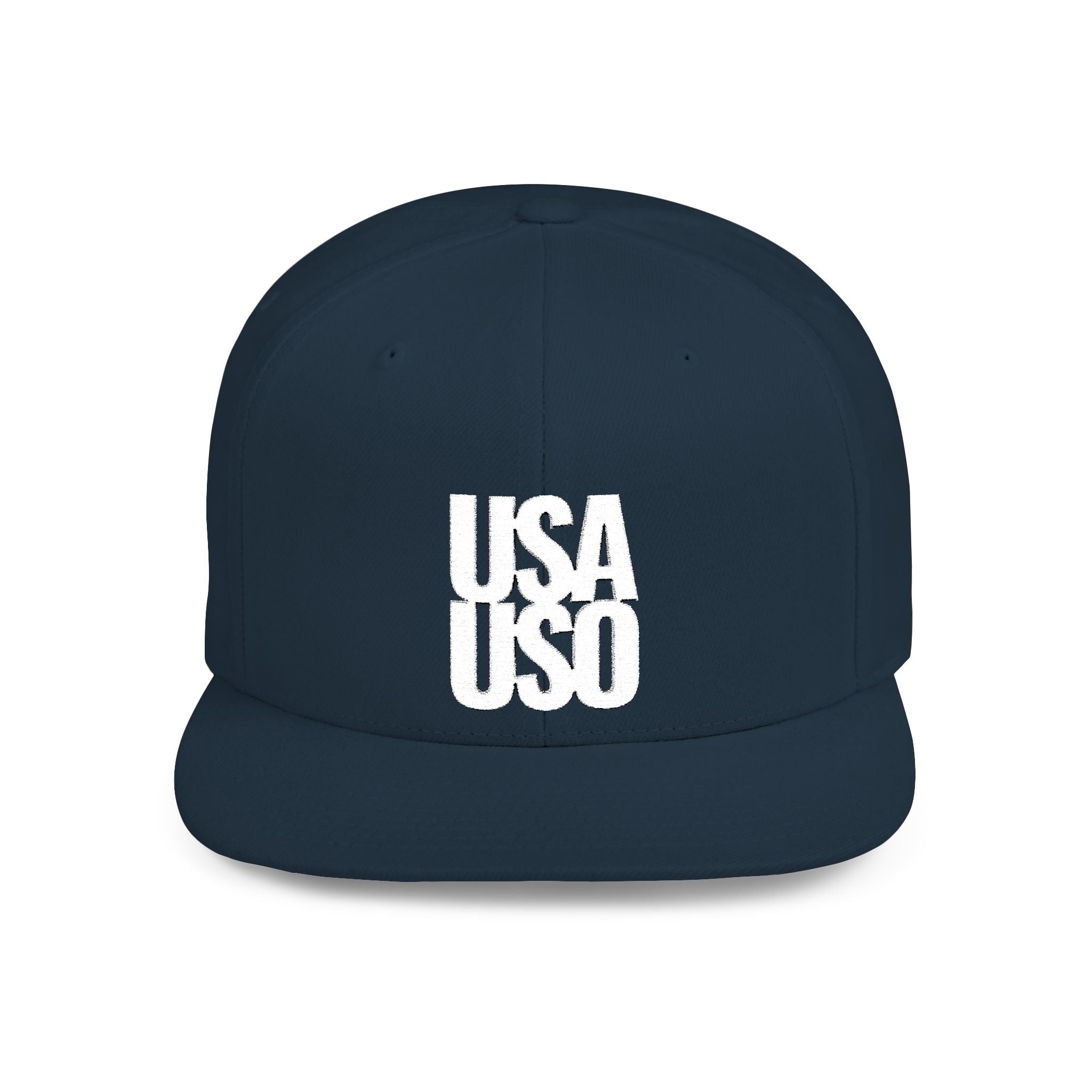 Fulfill Engine flat bill snapback hat in black with white USA USO embroidery, one size fits most, stylish men's and women's hat