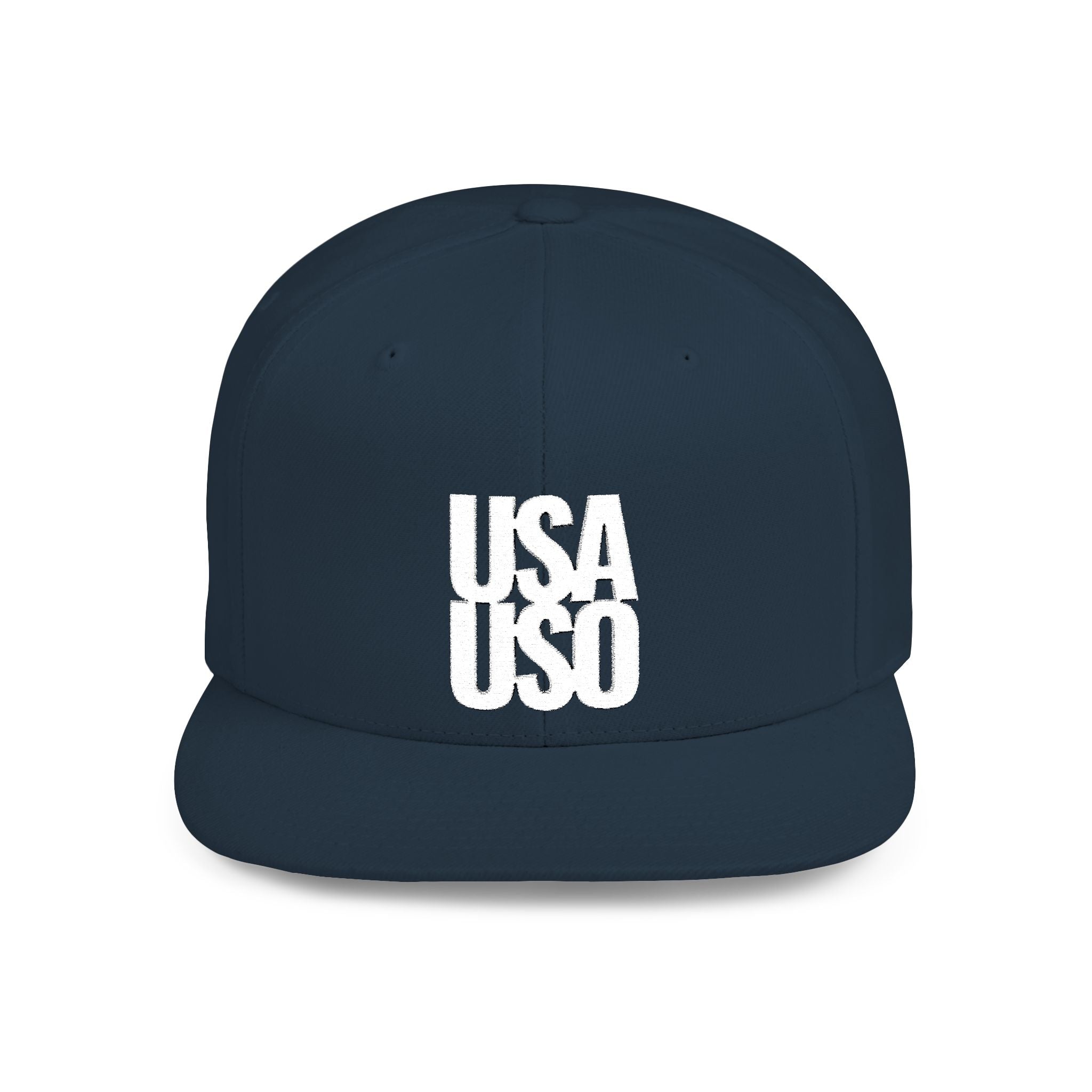 Fulfill Engine flat bill snapback hat with white USA USO embroidery, black cap, one size, casual men's or women's headwear