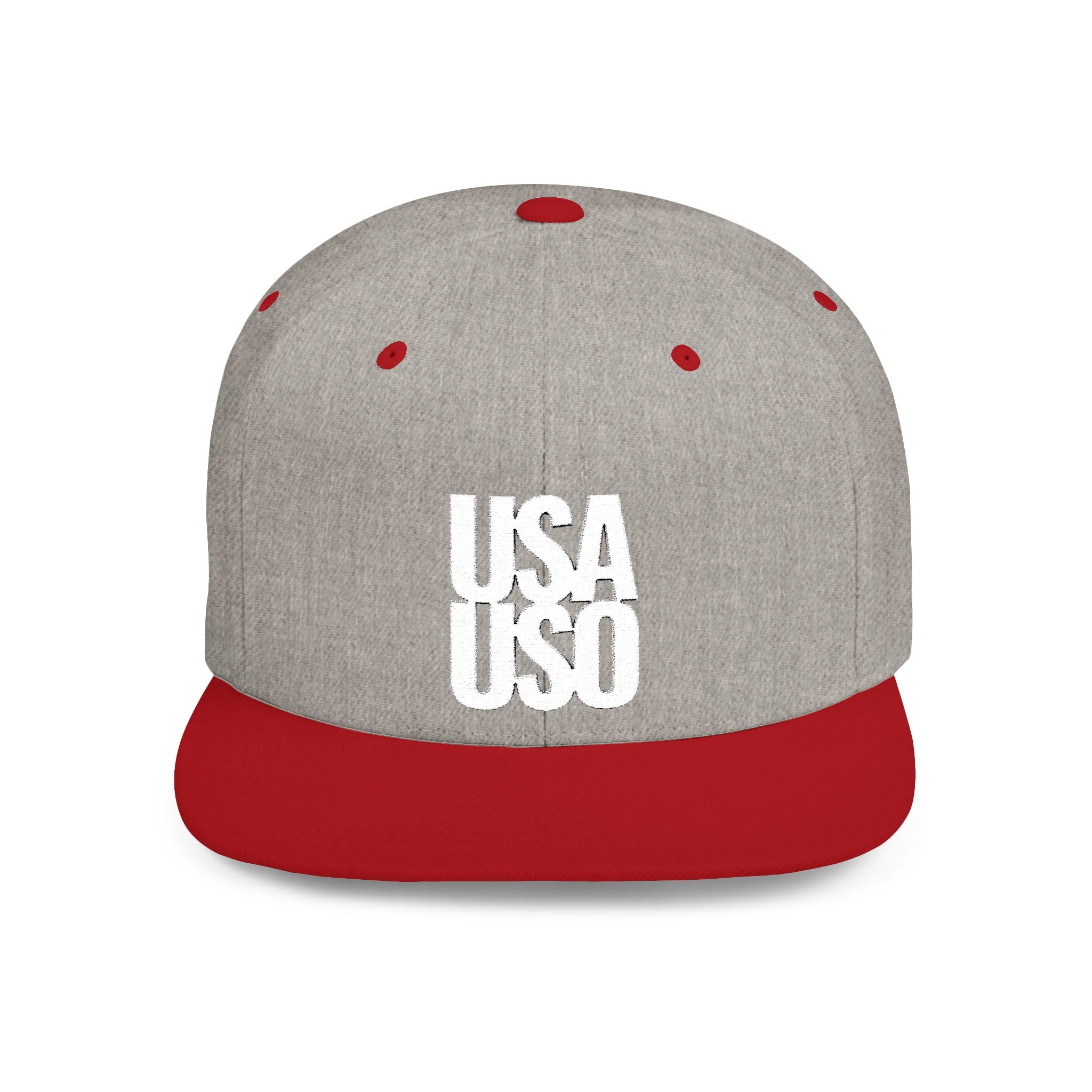 Black flat bill snapback hat by Fulfill Engine with white USA USO embroidery, featuring a structured design and adjustable fit.
