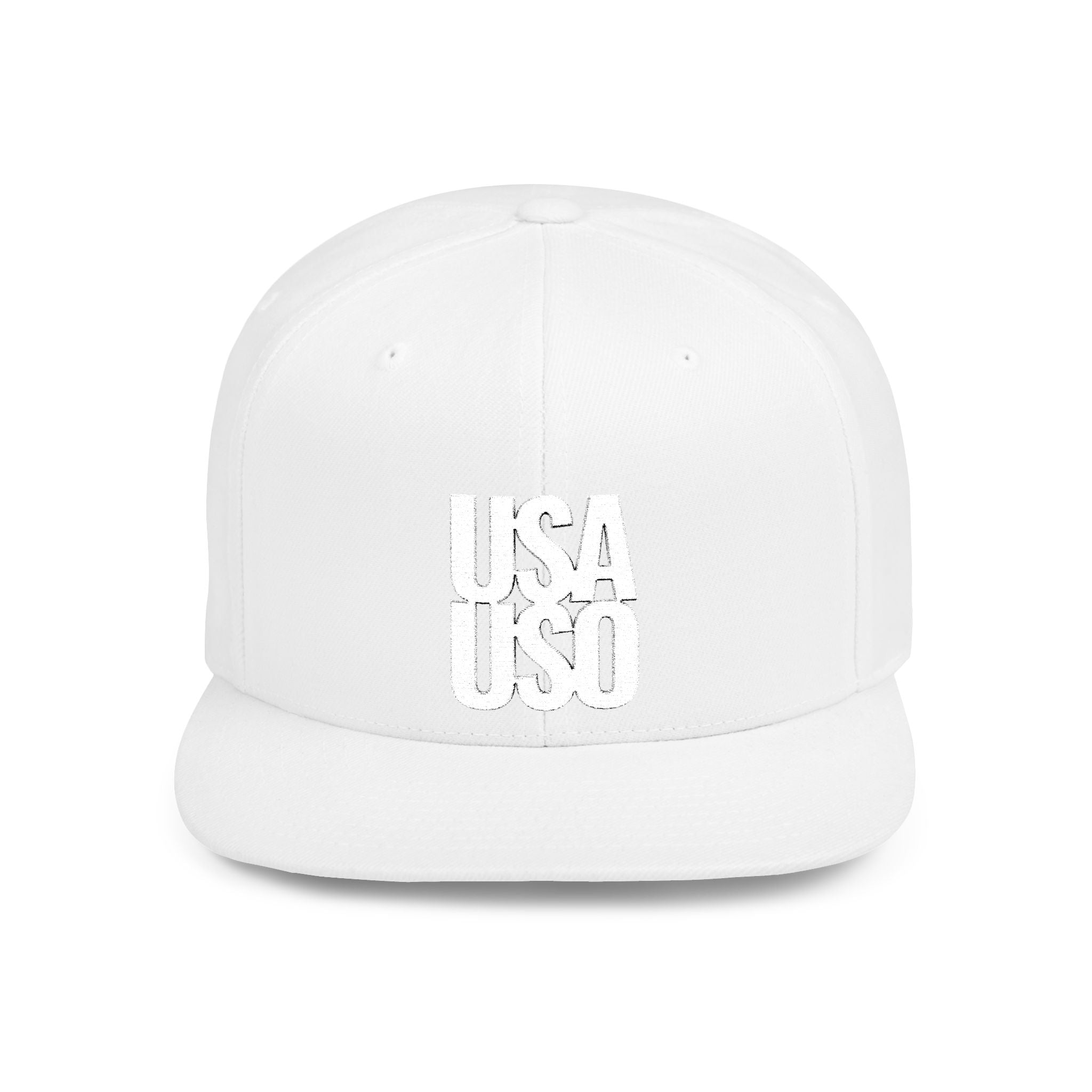 Fulfill Engine USO flat bill snapback hat with white embroidery, black color, one size, USA USO design, stylish men's hat