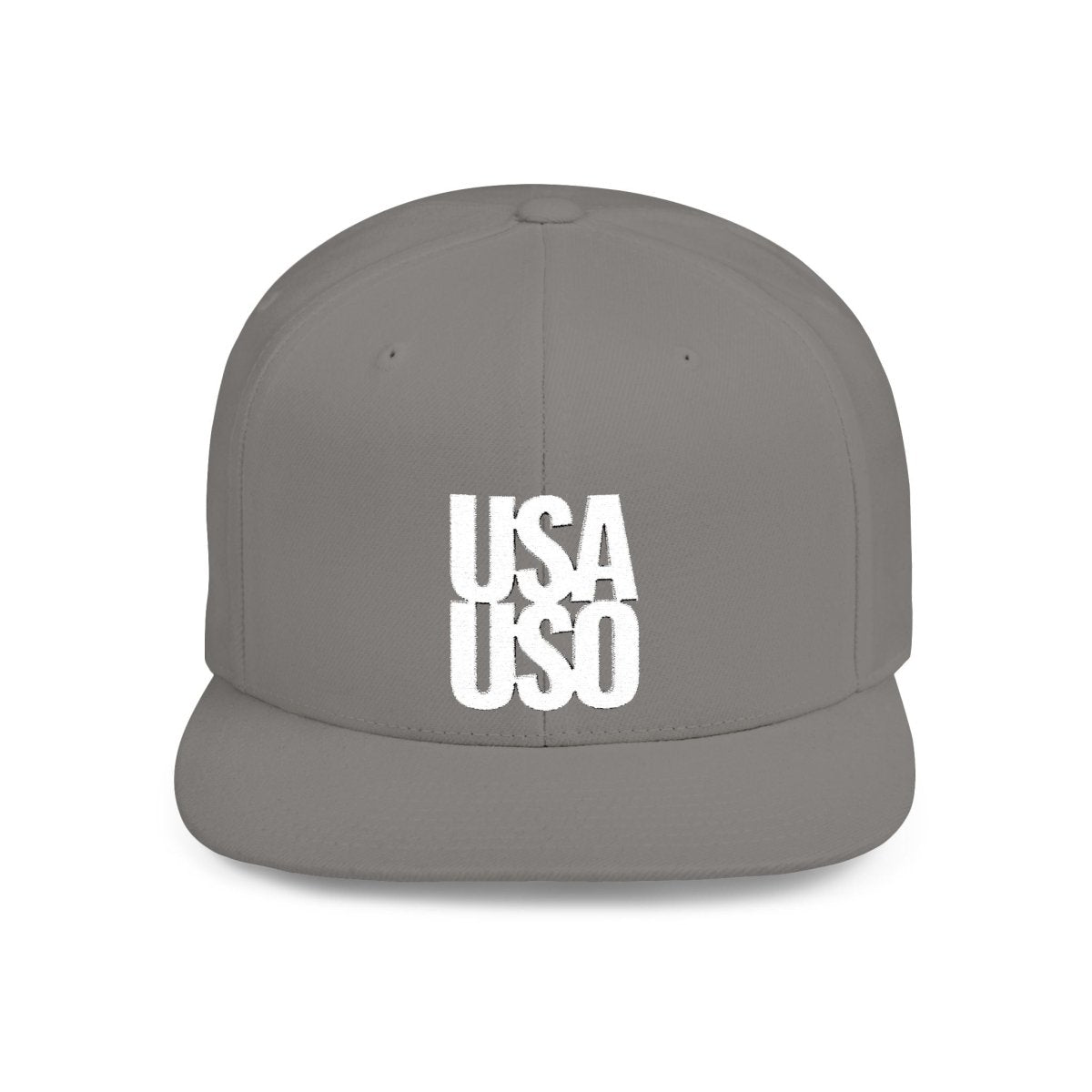 Black flat bill snapback hat with white USA USO embroidery by Fulfill Engine, showing the front view of the hat.