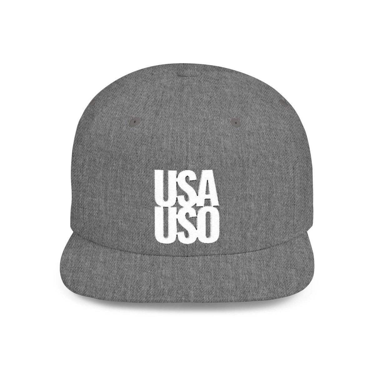 Fulfill Engine white embroidered flat bill snapback hat featuring USA USO design, one size, black with front embroidery.