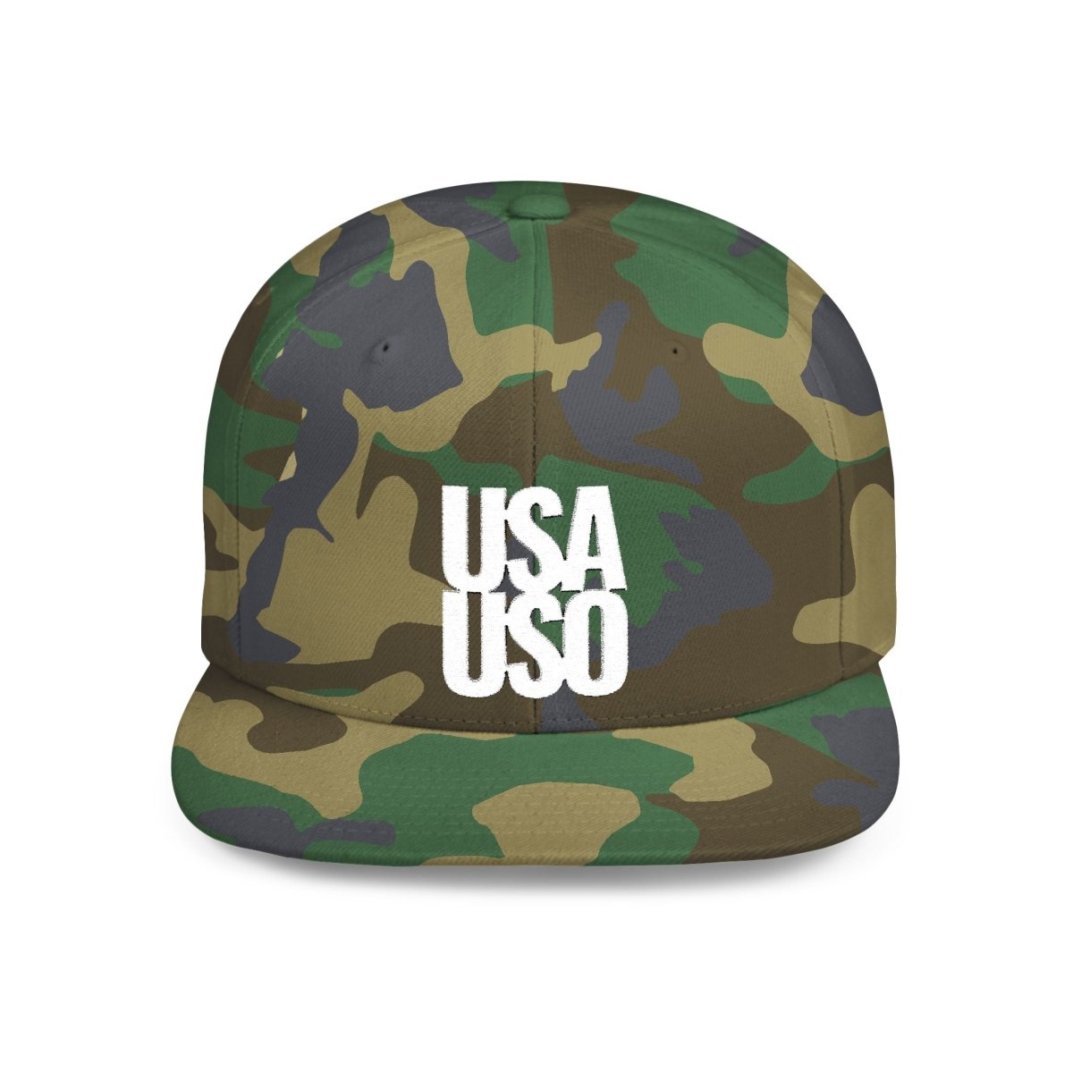Black flat bill snapback hat by Fulfill Engine with white USA USO embroidery, one size fits all, featuring a structured design.