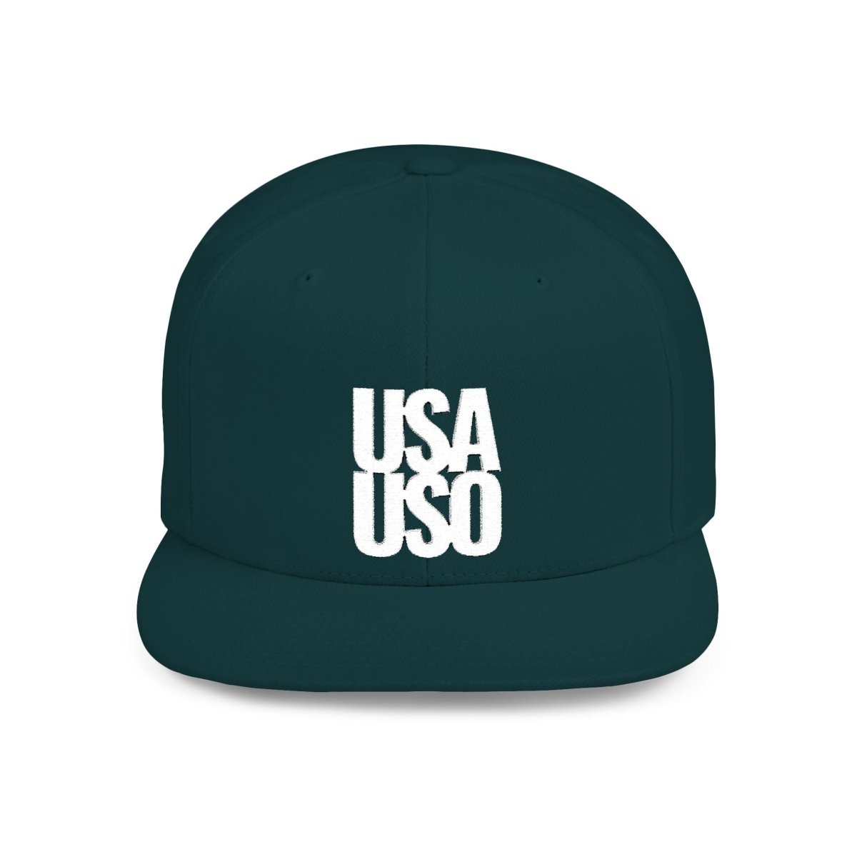 Black flat bill snapback hat by Fulfill Engine with white USA USO embroidery, one size fits all, designed for AU, NZ, and USA.
