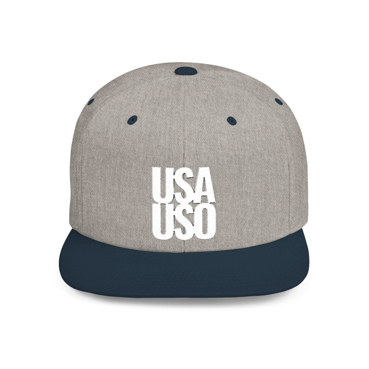 Black Fulfill Engine flat bill snapback hat with white USA USO embroidery, adjustable one size fits most, stylish men's hat