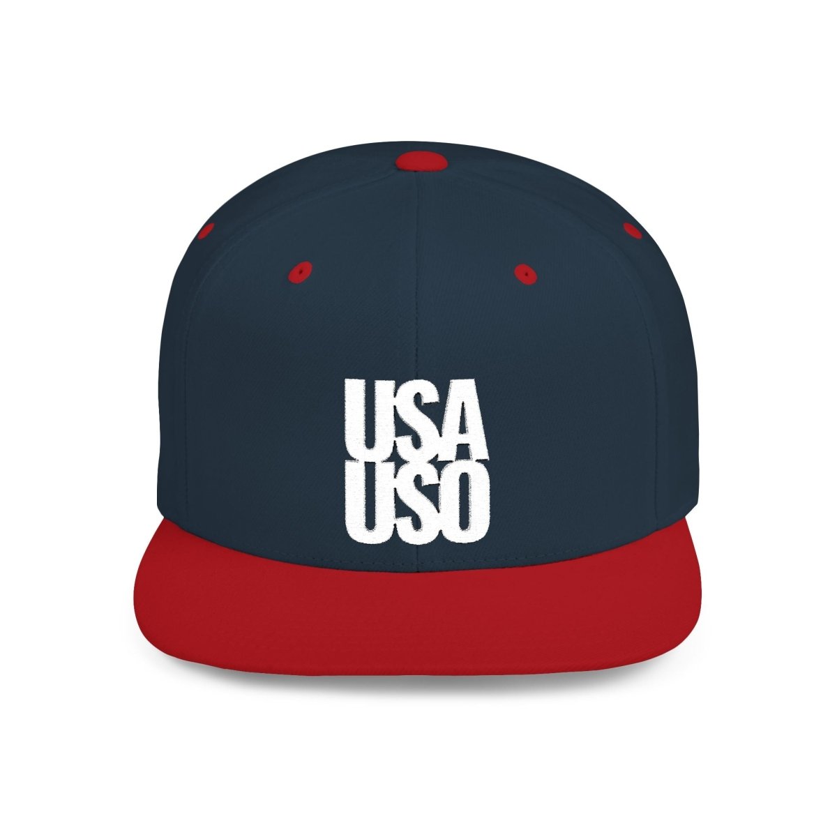 Black flat bill snapback hat by Fulfill Engine with USA USO white embroidery, one size fits most, stylish and casual headwear.